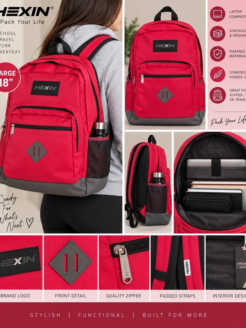 Red & Gray Everyday Laptop Backpack for Men